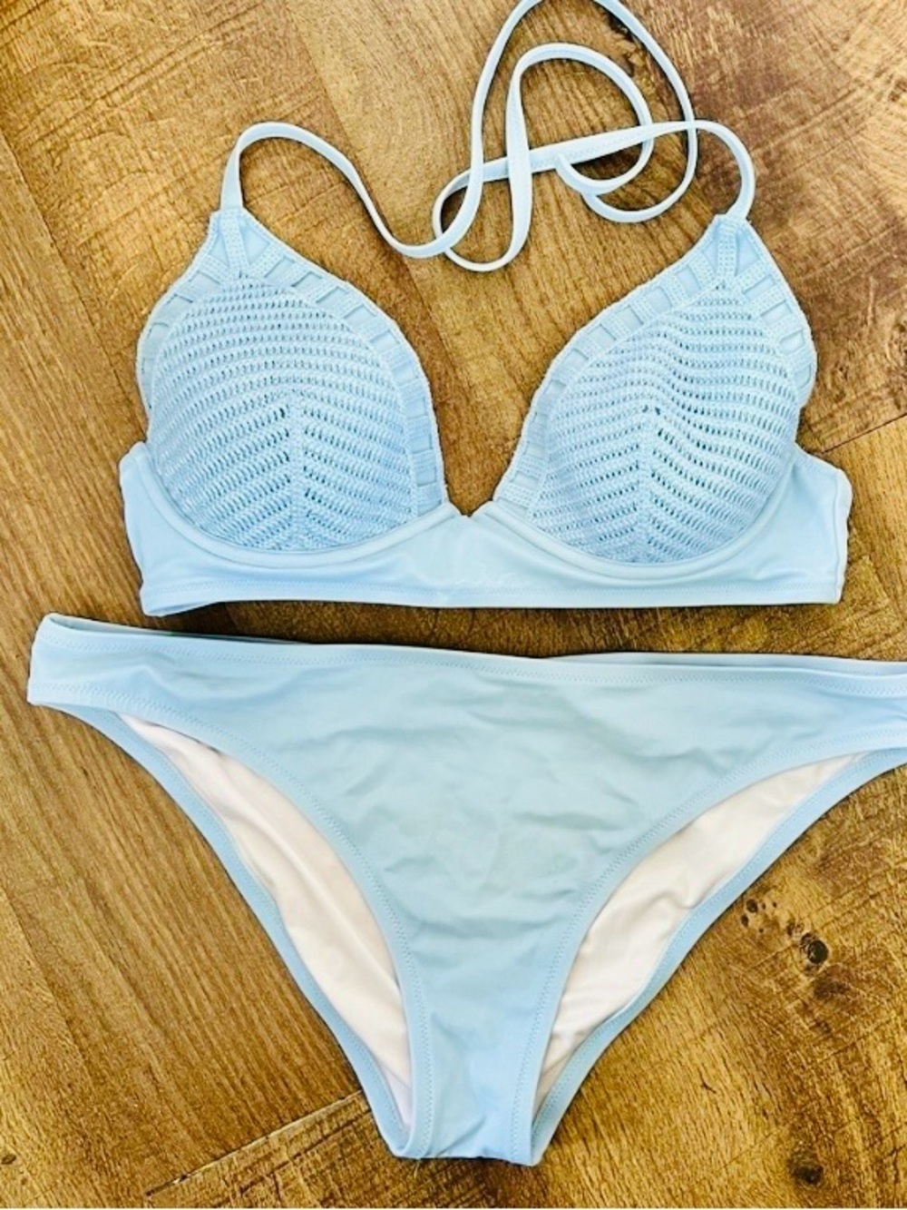 Shade & Shore Light Blue Crochet Triangle Bikini Set